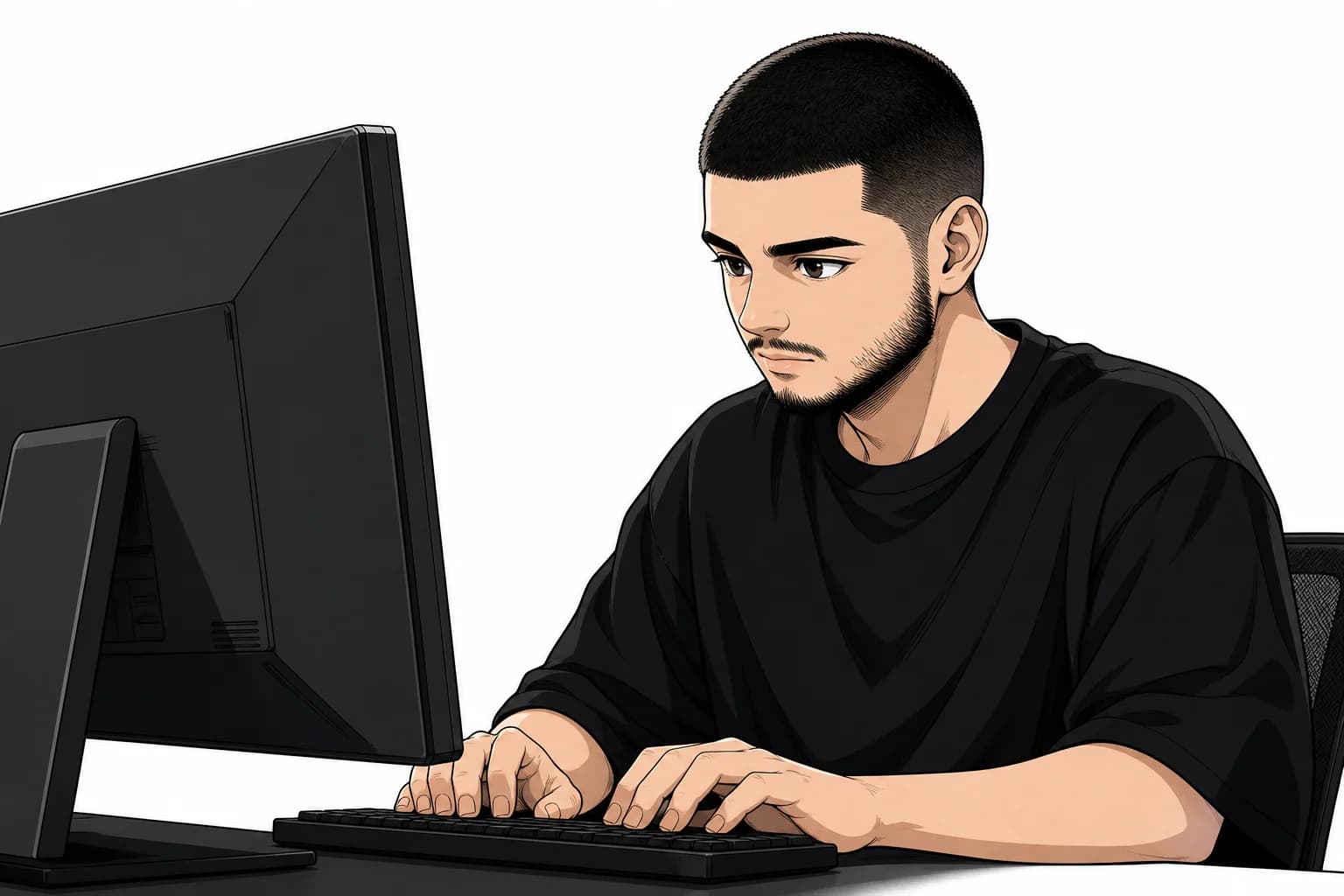 Ilustração de Hamilton Felipe concentrado no computador